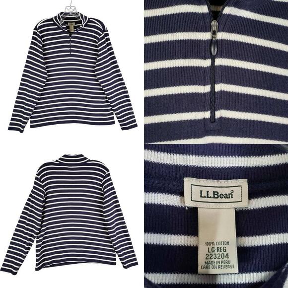 L.L. Bean Sweaters - LL Bean Sweater Women’s Size Large L Quarter Zip Pullover Navy Blue Striped